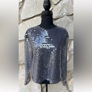 Bold Elements Sequin Blouse Top Size Medium Gray Mesh Lined Long Slv Excellent